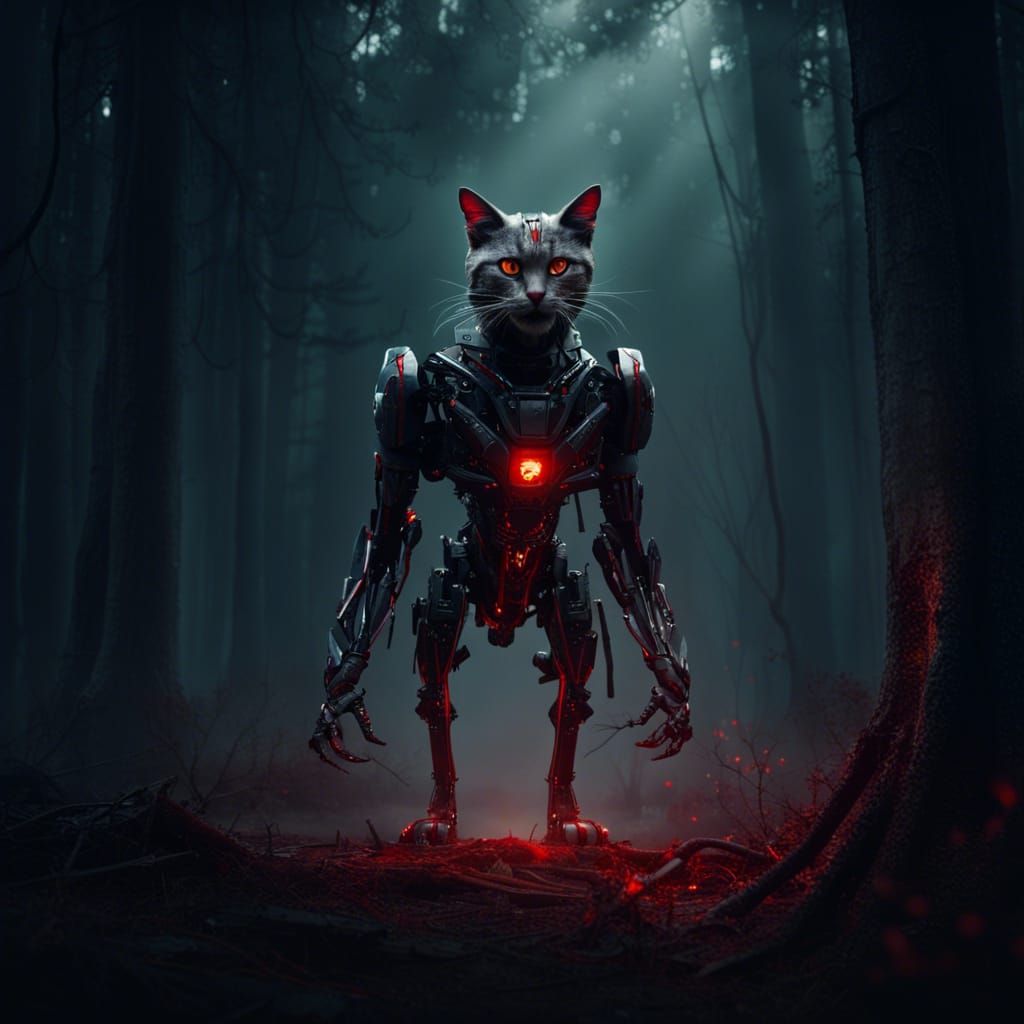 Menacing Robotic Cat in Dark Forest