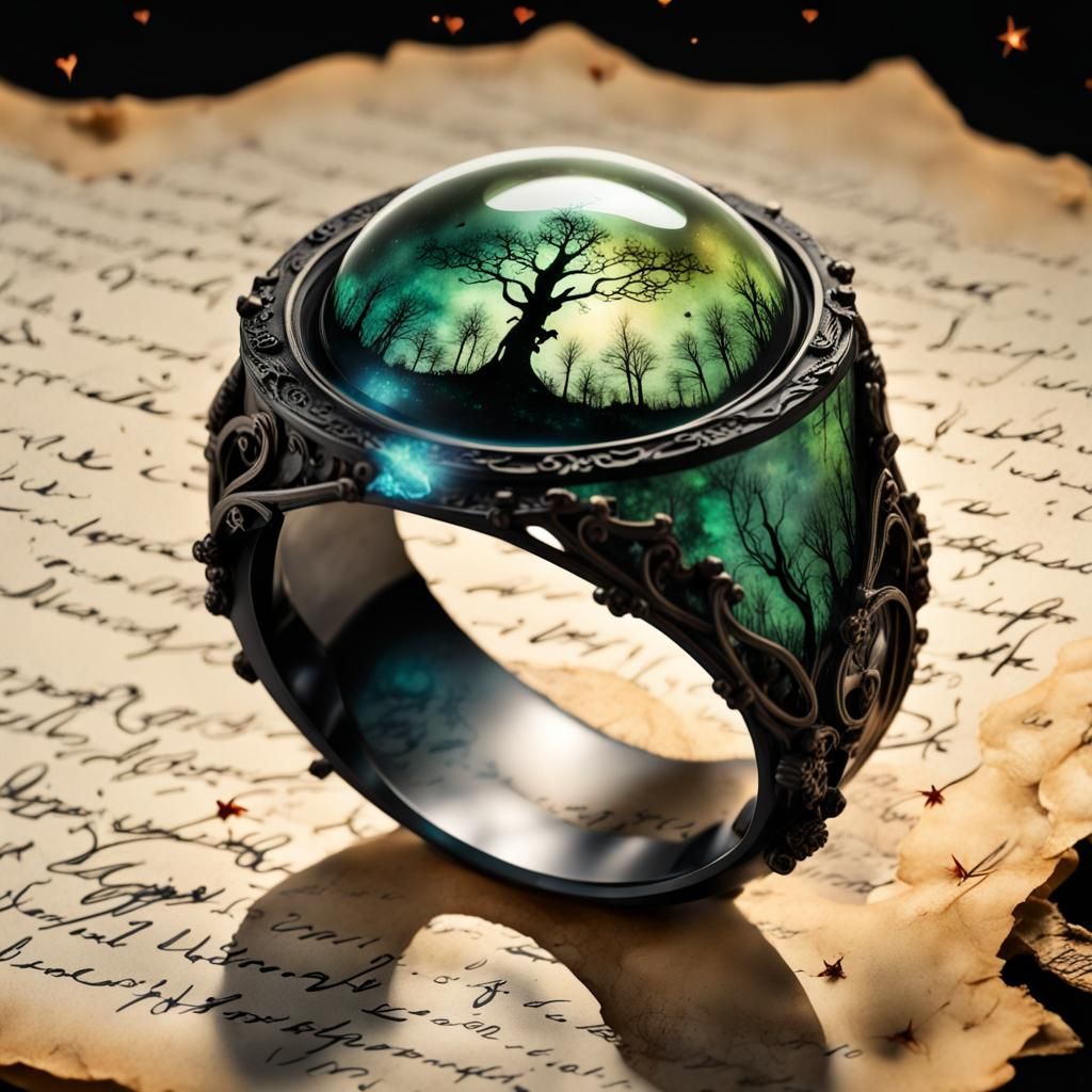 Cursed Elven Ring with Gaussian Glow on Parchment