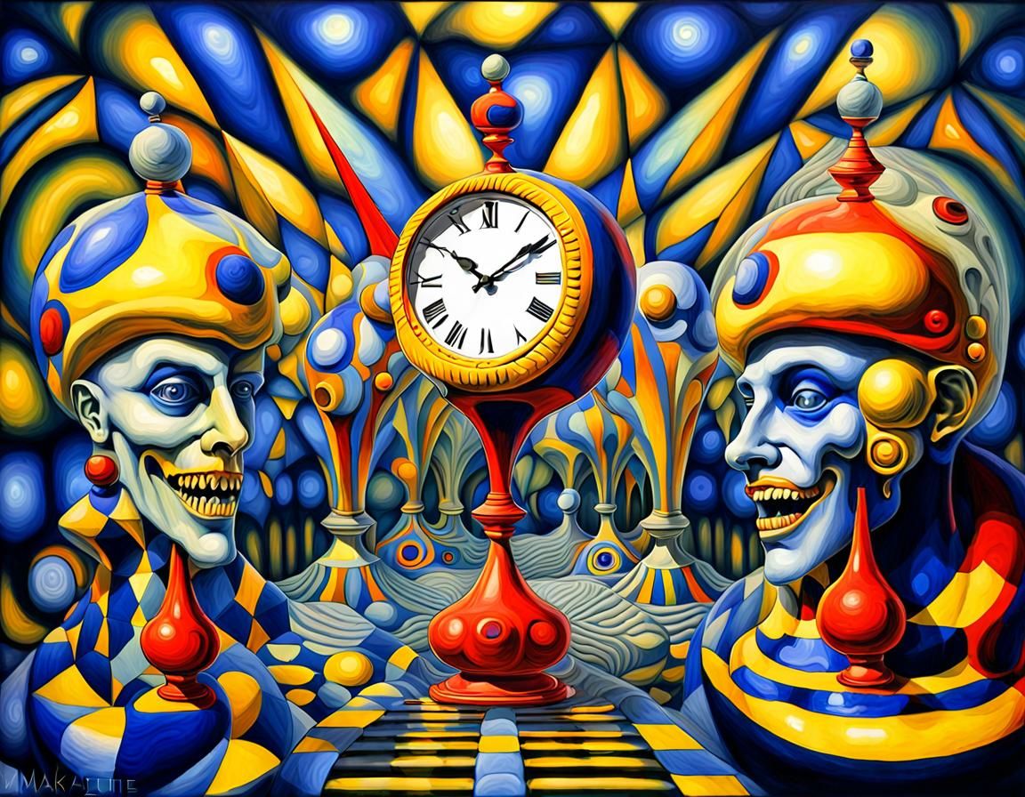 Two yellow jesters with lapiz lazuli cristal clock heads, Me...