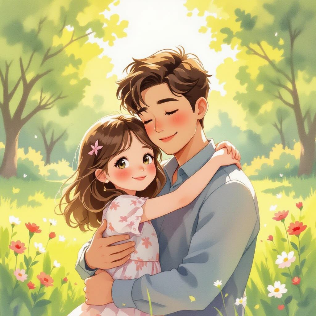 Cute Girl Hugs Kind Man in Sun-Dappled Park