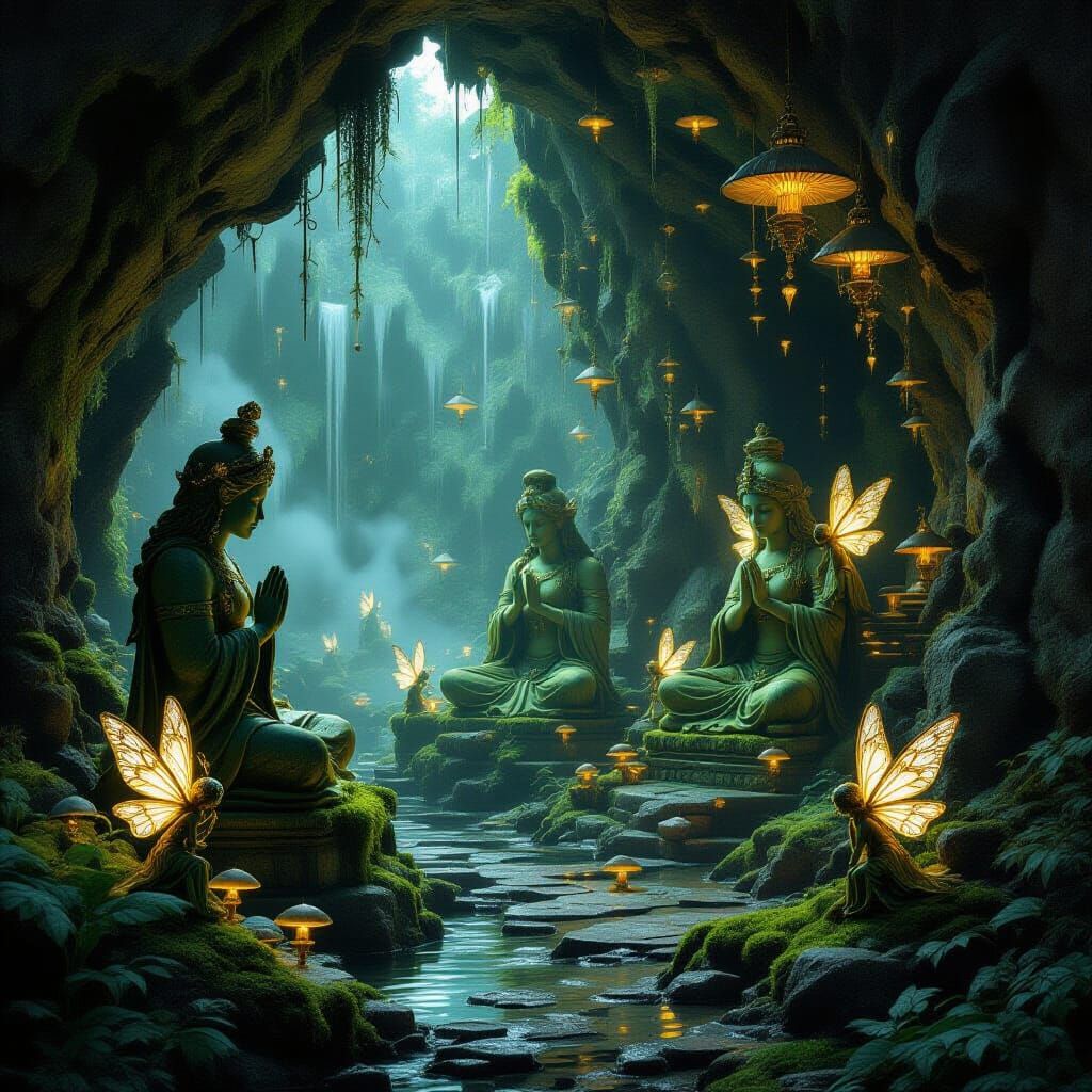 Bioluminescent Grotto with Clockwork Fairies in Fantasy Styl...