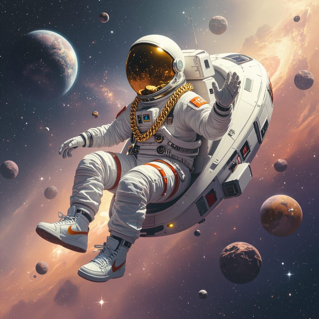 Astronaut Drifting Through Galaxy in Hip-Hop Spacesuit