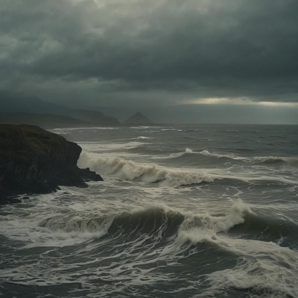 Desolate Figure at Stormy Sea with Golden Light
