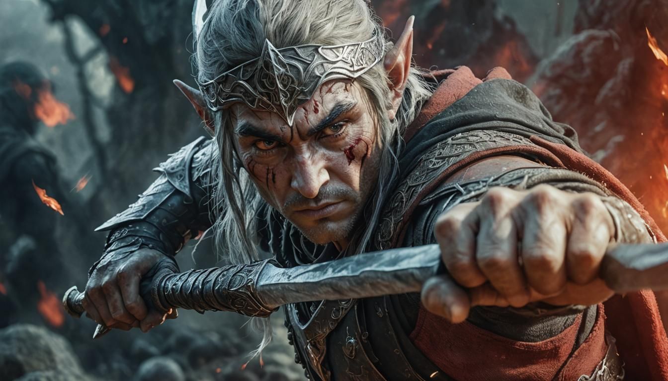 Elven Warrior in Battle, Photorealistic Portrait