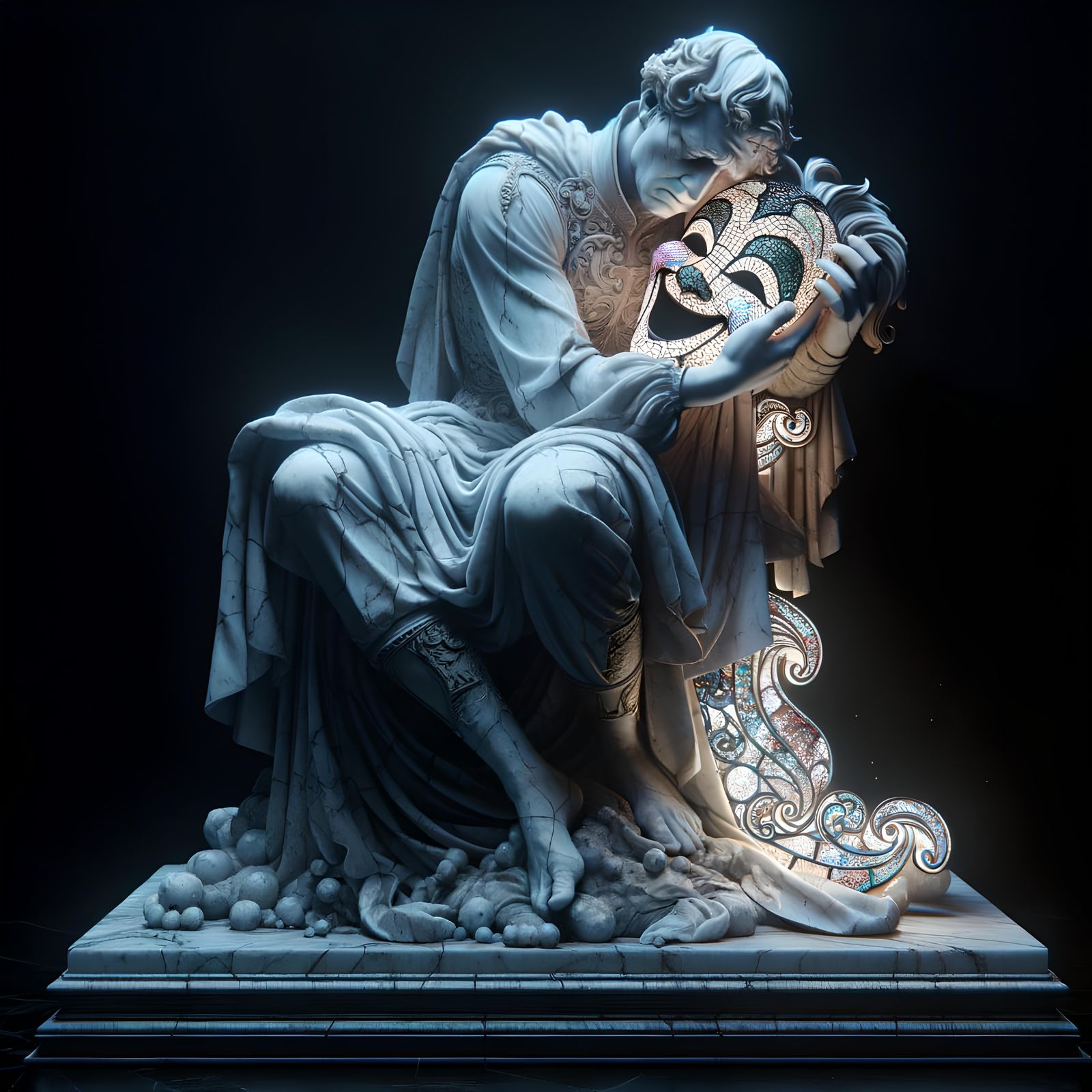 Pierrot Sculpture with Mask in Digital Illustration