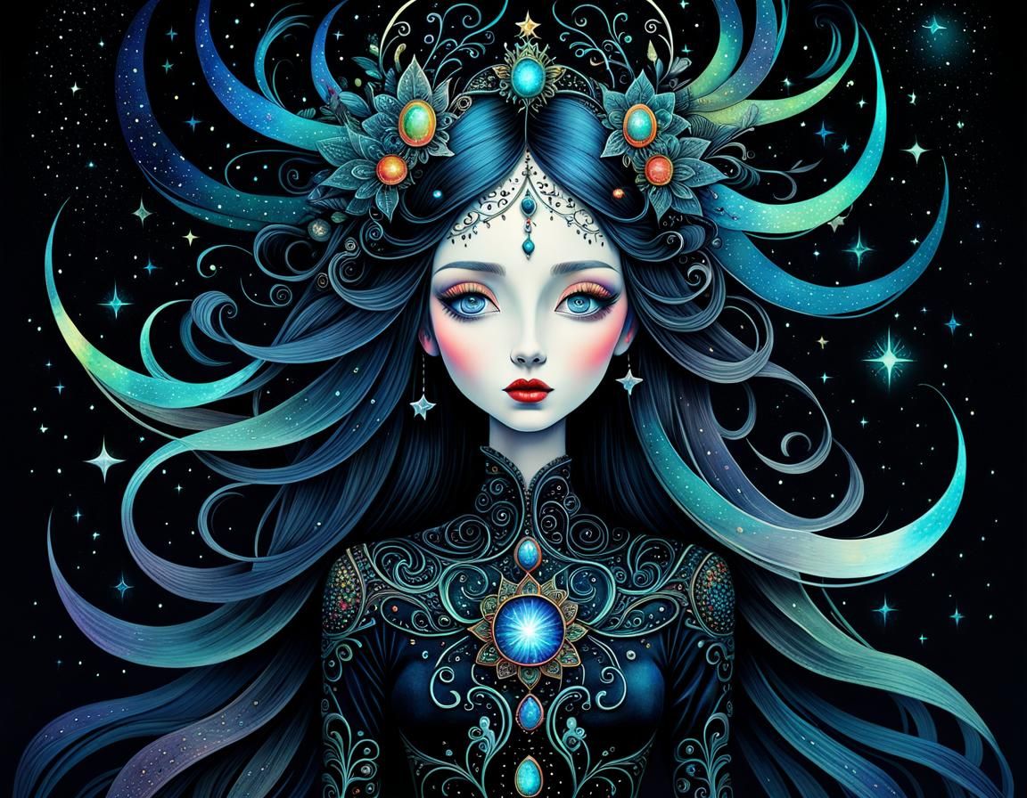 Starlight Darkness: Surreal Watercolor Ink Illustration