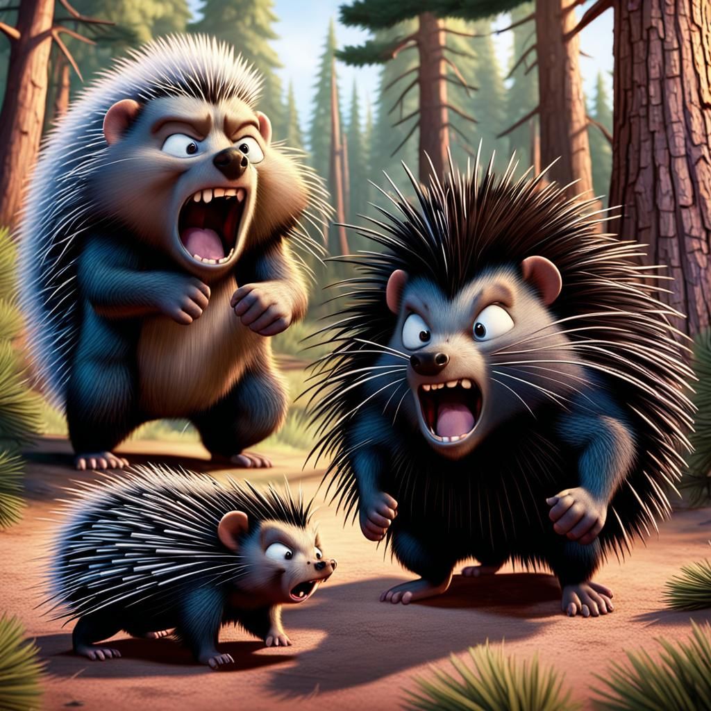 Angry Porcupine Family in a Pixar Cartoon