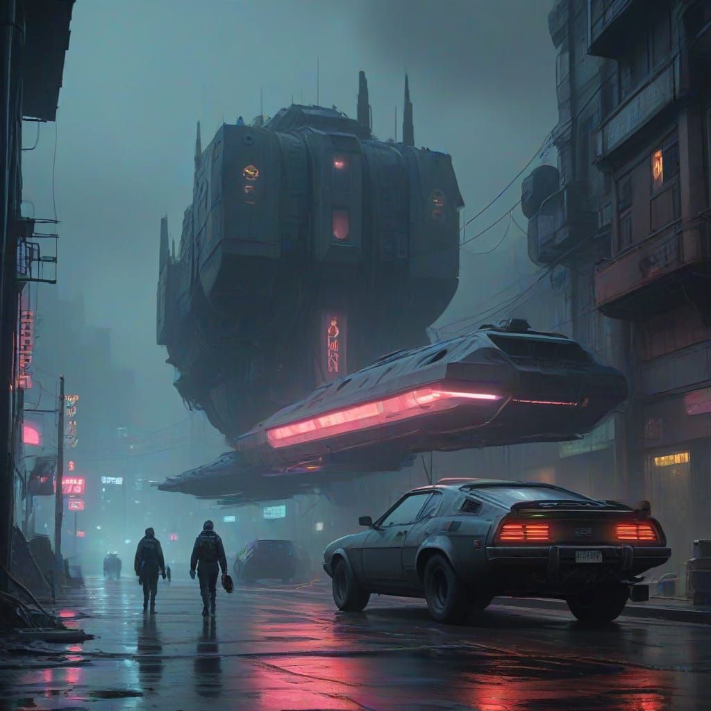 Dark Gothic Sci-Fi Painting in Neon Cyberpunk Style