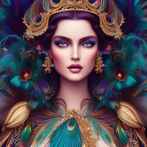 Peacock Feather Dress: Hyperdetailed Digital Art