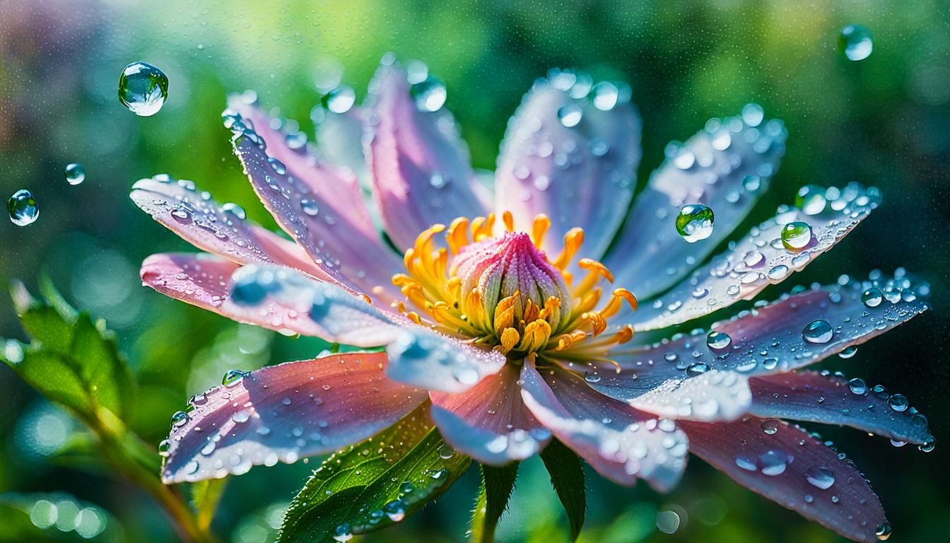 Painterly Flower with Dew Drops in Impressionist Style