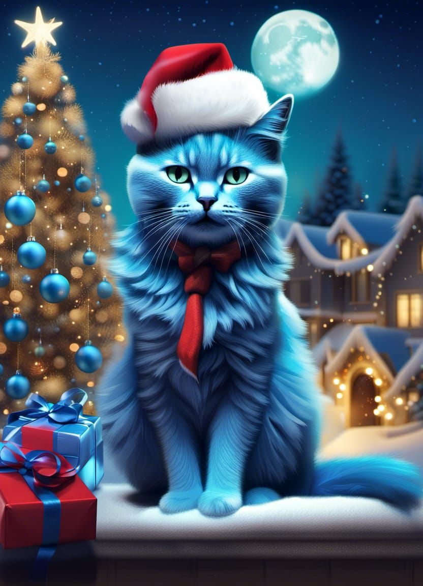 Blue Cat Celebrates Christmas in Fantasy Art