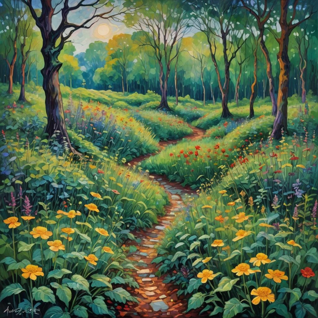 Colorful Stone in Overgrown Garden: Neo-Impressionist Oil Pa...