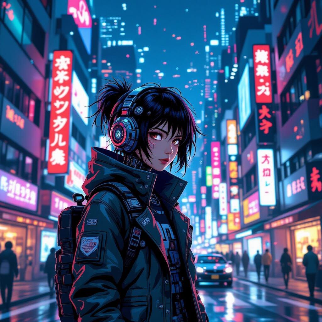 Cyborg Teen in Futuristic Tokyo: A Cyberpunk Vision