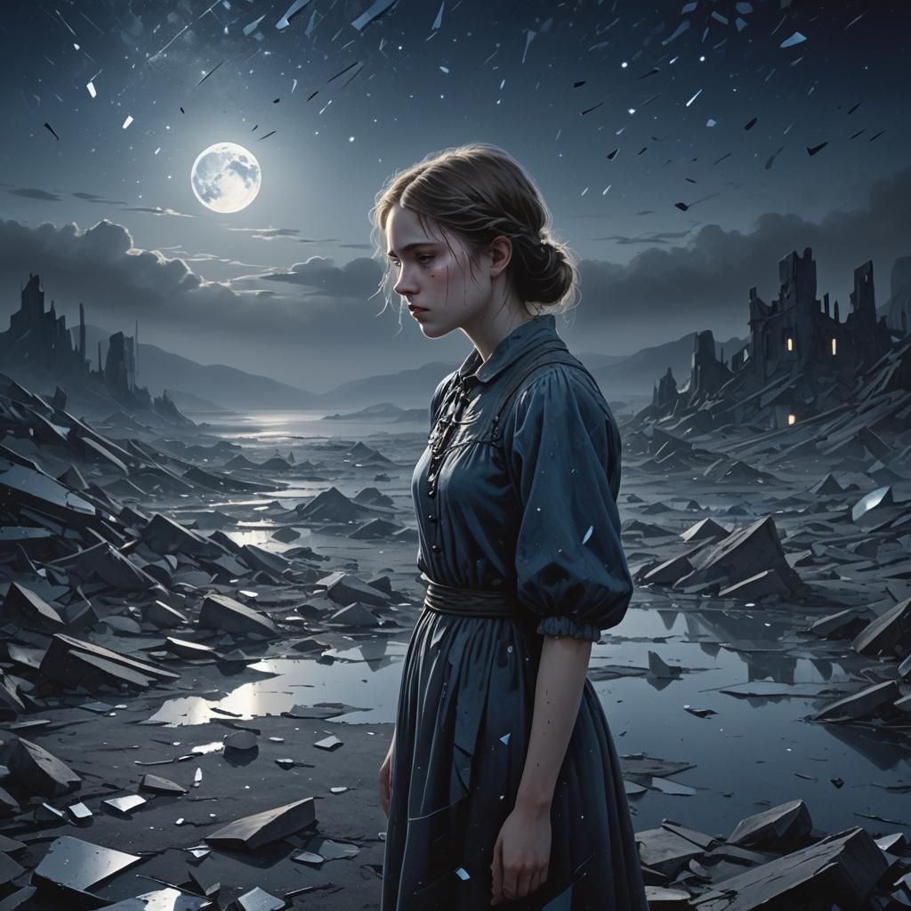 Heartbroken Woman in Moonlit Desolation
