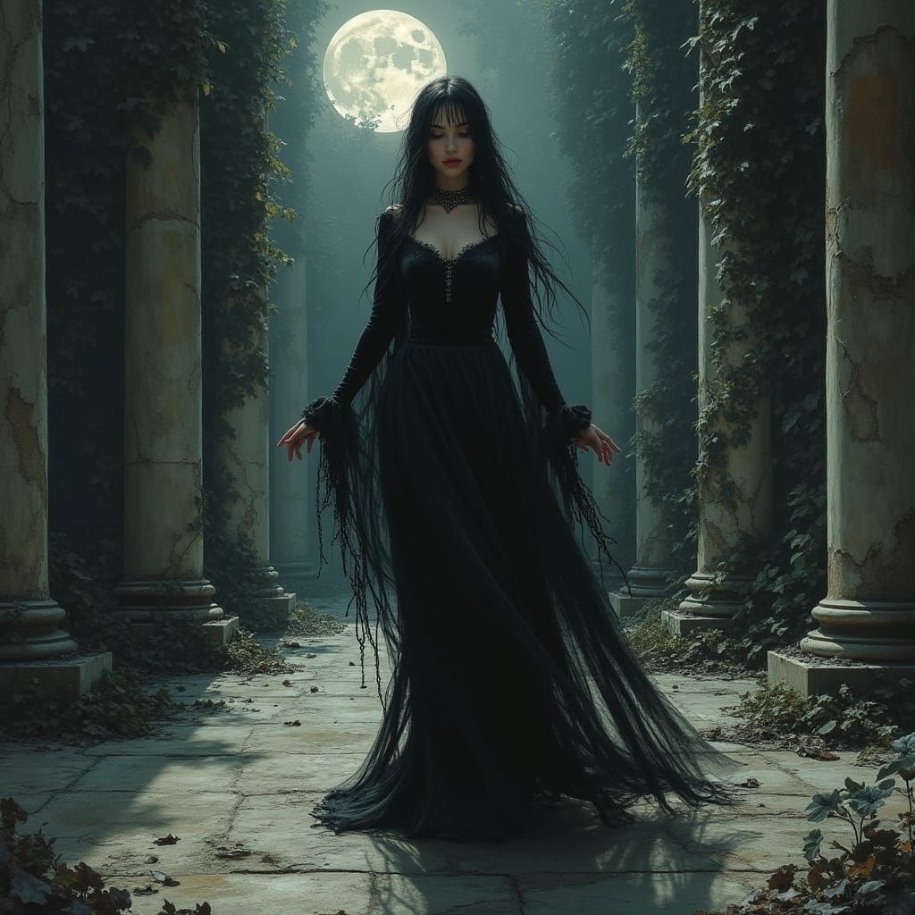 Gothic Dancer in Moonlit Ballroom Ruins