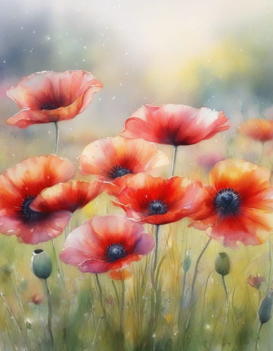 Rainbow Poppies in Dreamy Summer Meadow Watercolor