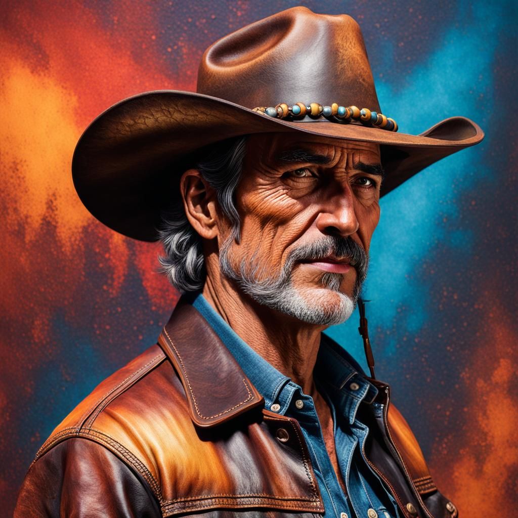 Rugged Cowboy Portrait in Hyperrealistic Splash Art Style