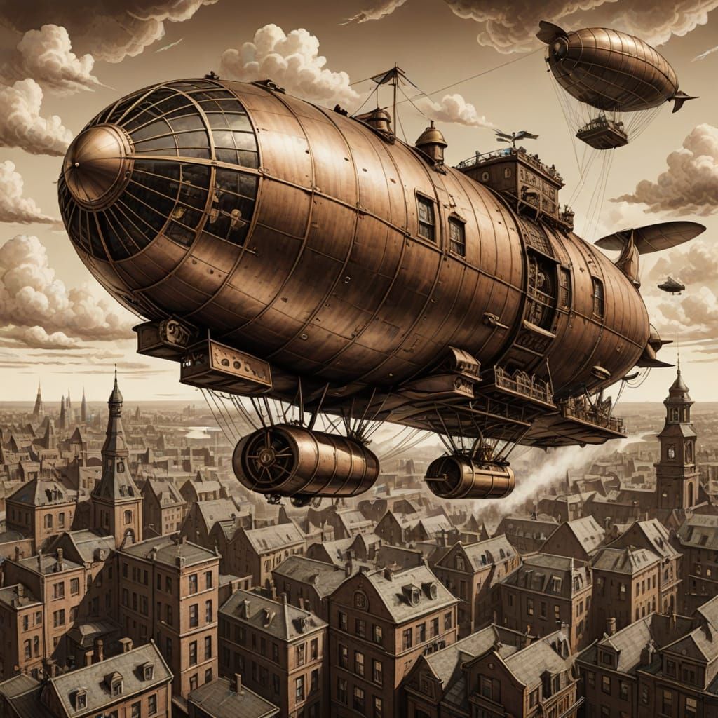 Steampunk Dirigible Over Vintage City in Sepia Tones