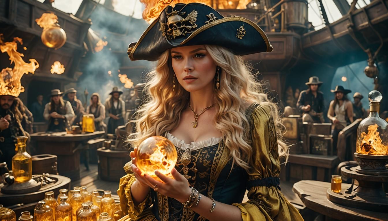 Blonde Woman with Flaming Ice Cube on Spaceship