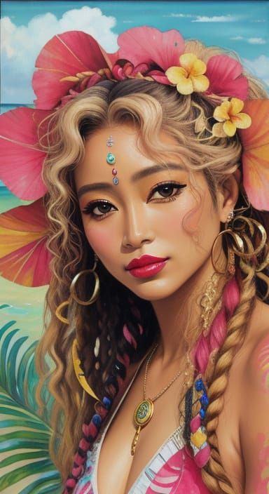Tahitian Woman Portrait in Watercolor Style
