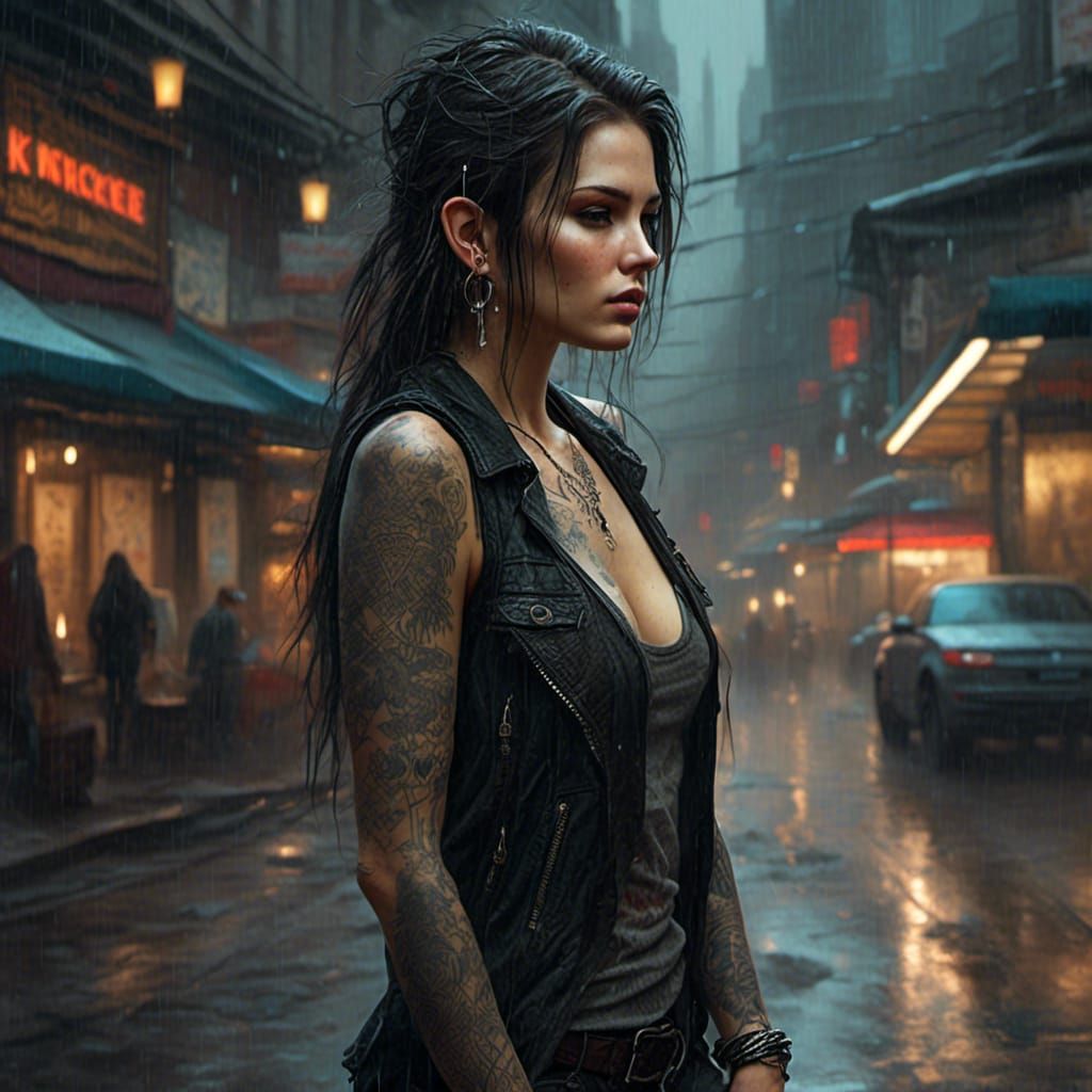 Cyberpunk Tomboy in Rain with Tattoos and Piercings