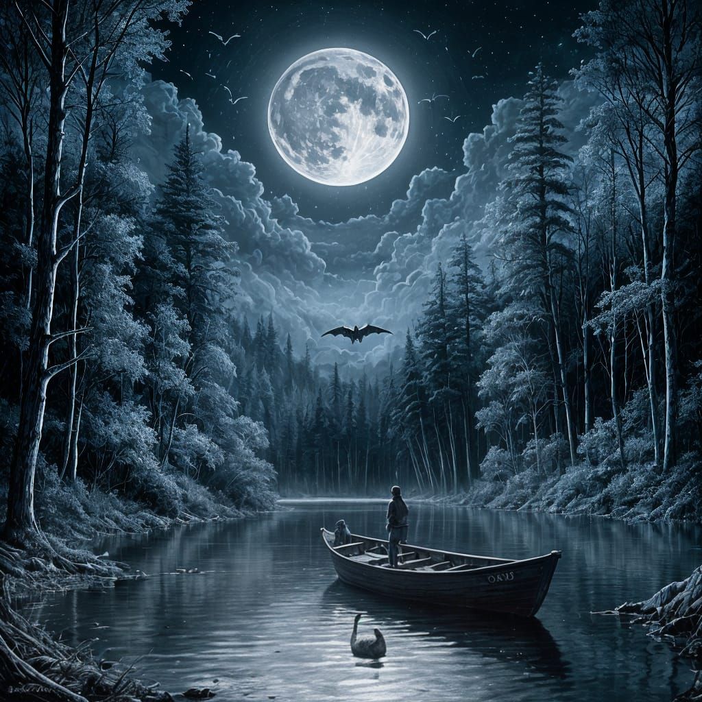 Moonlit River Scene in Gothic Horror Style