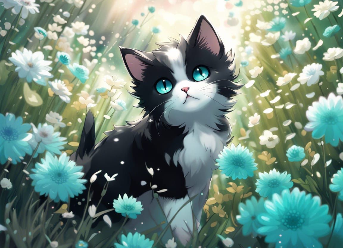 Fluffy Kitten in Teal Flower Field: Anime Style