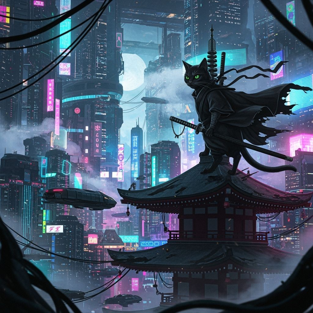 Cyberpunk Ninja Cat on Pagoda in Woodblock Style