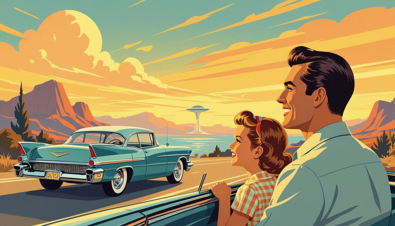 Mid-Century Travel Ad: Happy Family at Futuristic Destinatio...