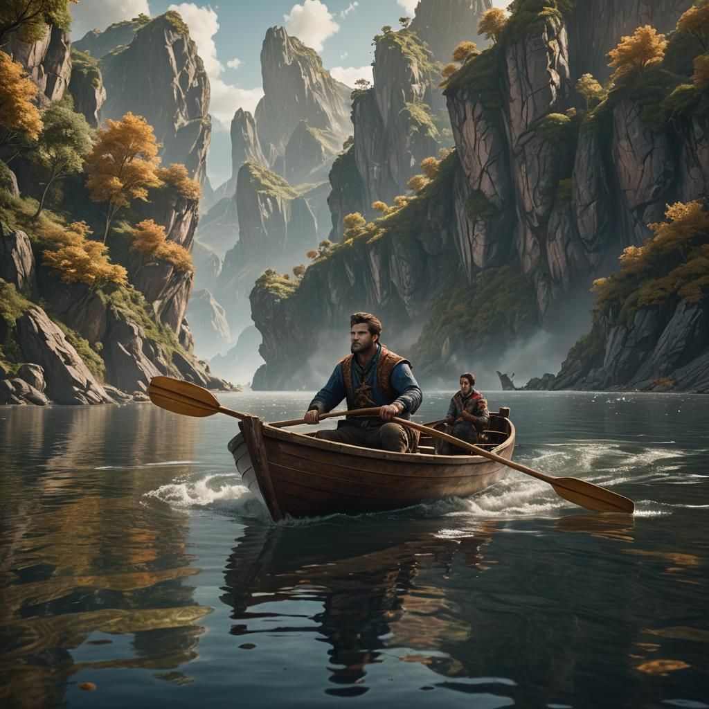 Man Rowing Boat in Detailed Fantasy Painting
