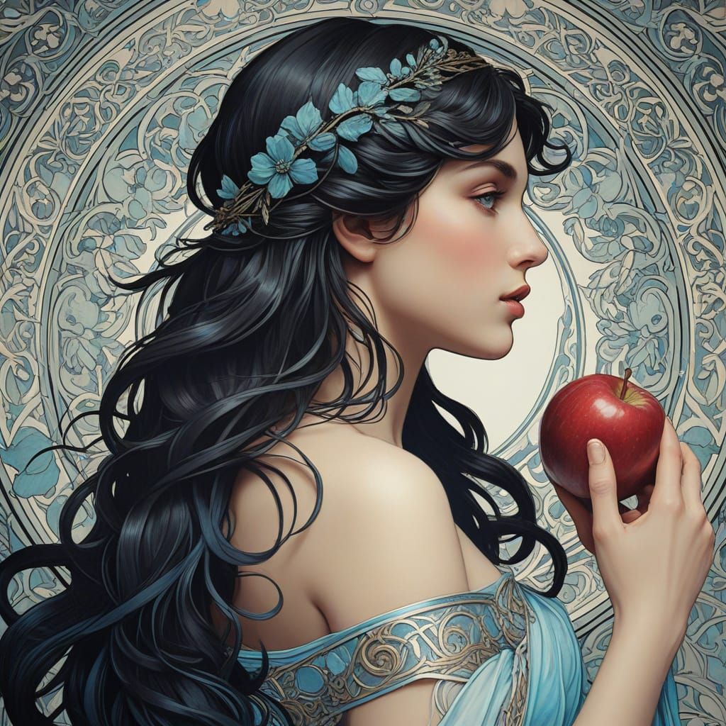 Art Nouveau Aphrodite Contemplates Radiant Apple