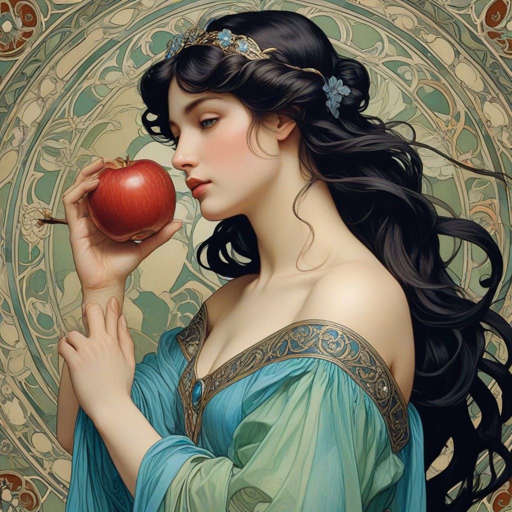 Art Nouveau Aphrodite Contemplates Apple in Painterly Style