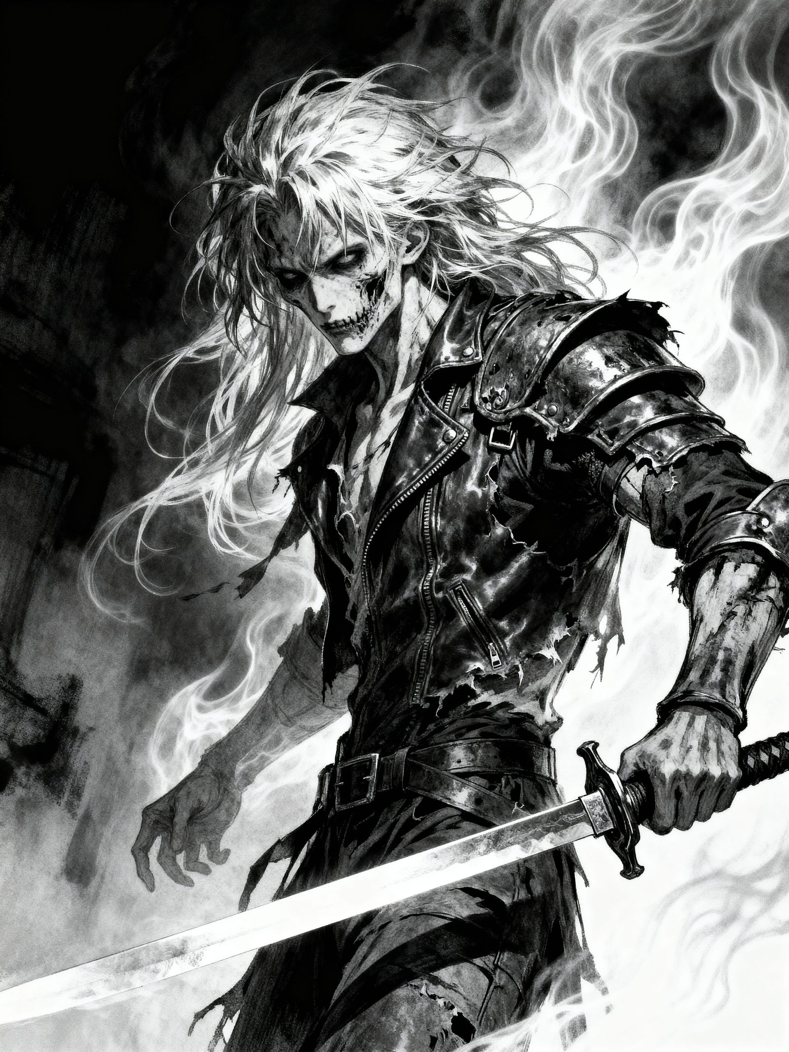 Undead Swordsman in Gritty Manga Style