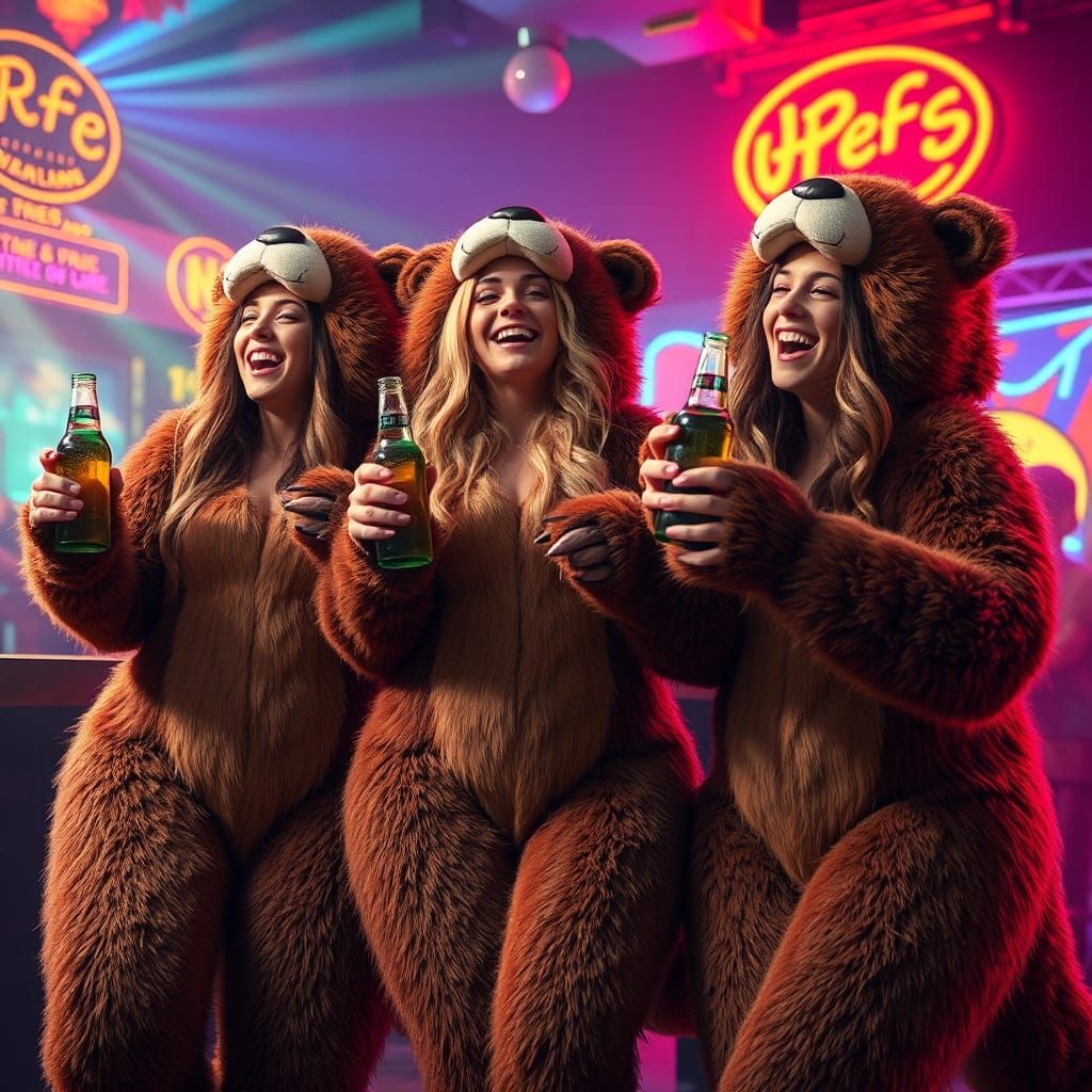 Beaver-Costumed Women Dancing in Neon Nightclub