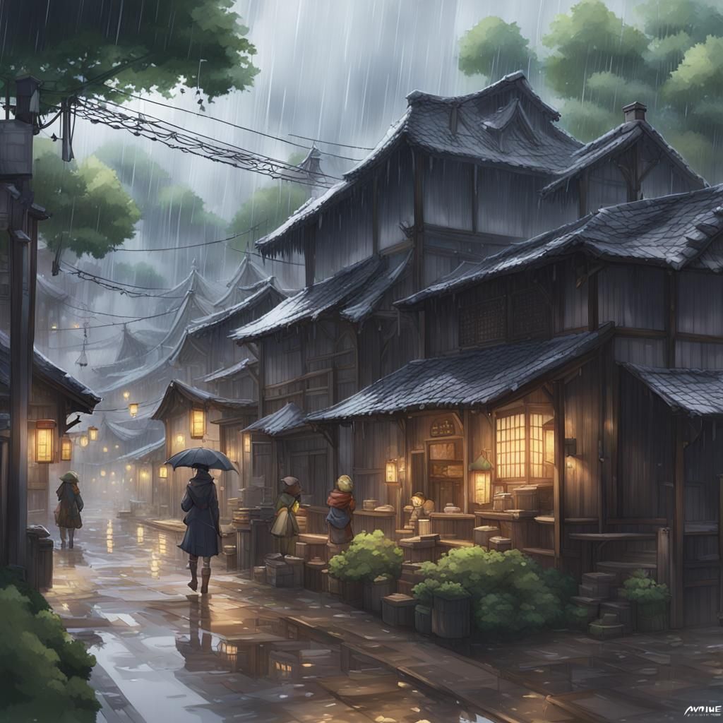 Rainy Village Scene in 3D Anime Art