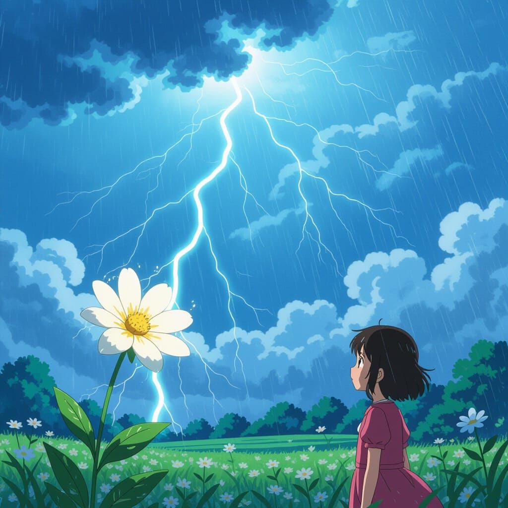 Anime Style Lightning Strikes Flower, Girl Watches in Rain
