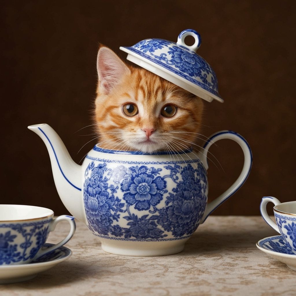 Ginger Kitten Peeking From China Teapot