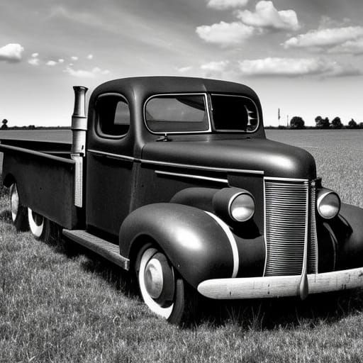 1940s Truck in Field: Black and White Digital Art