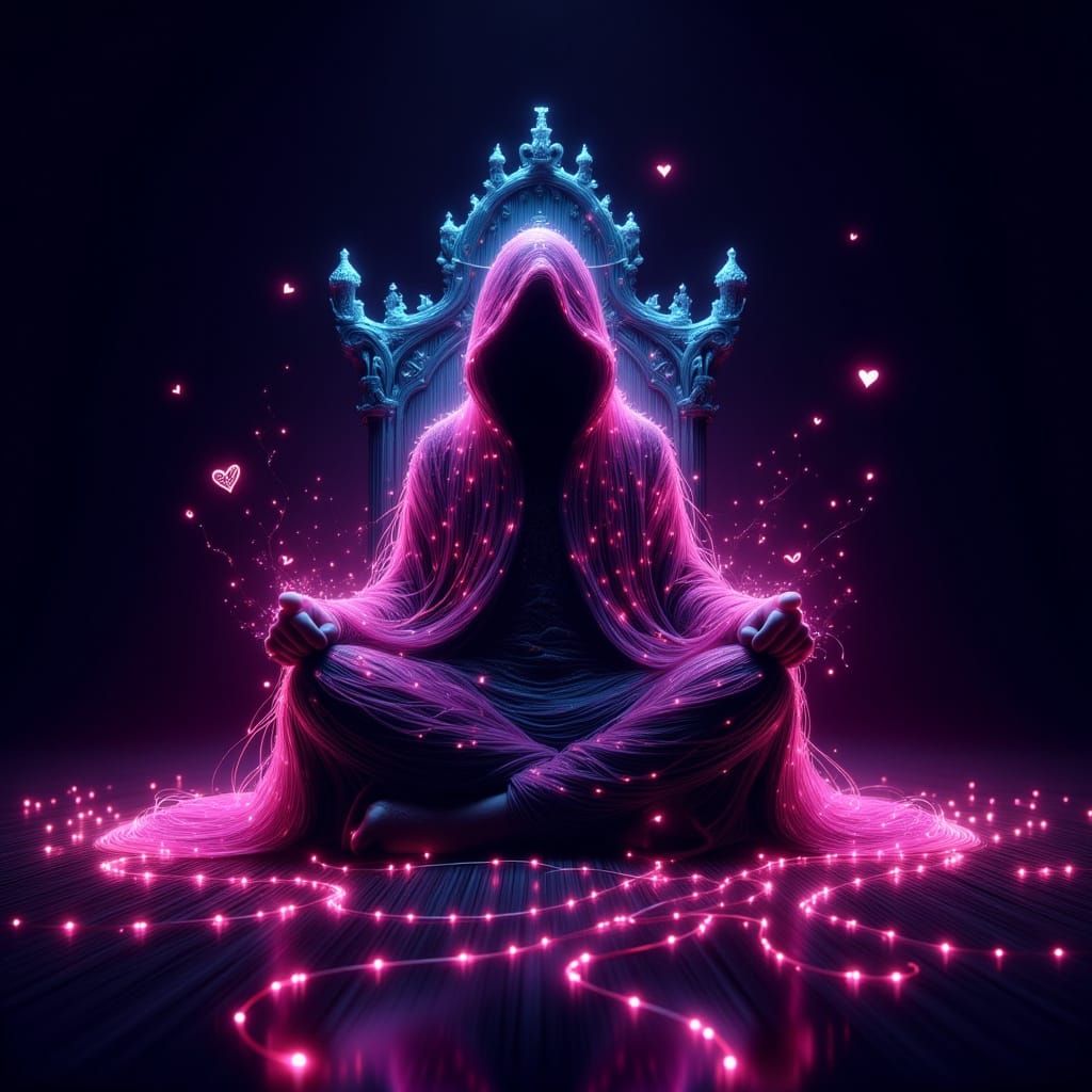 Mysterious Cloaked Figure on Throne in Neon Sketch Style