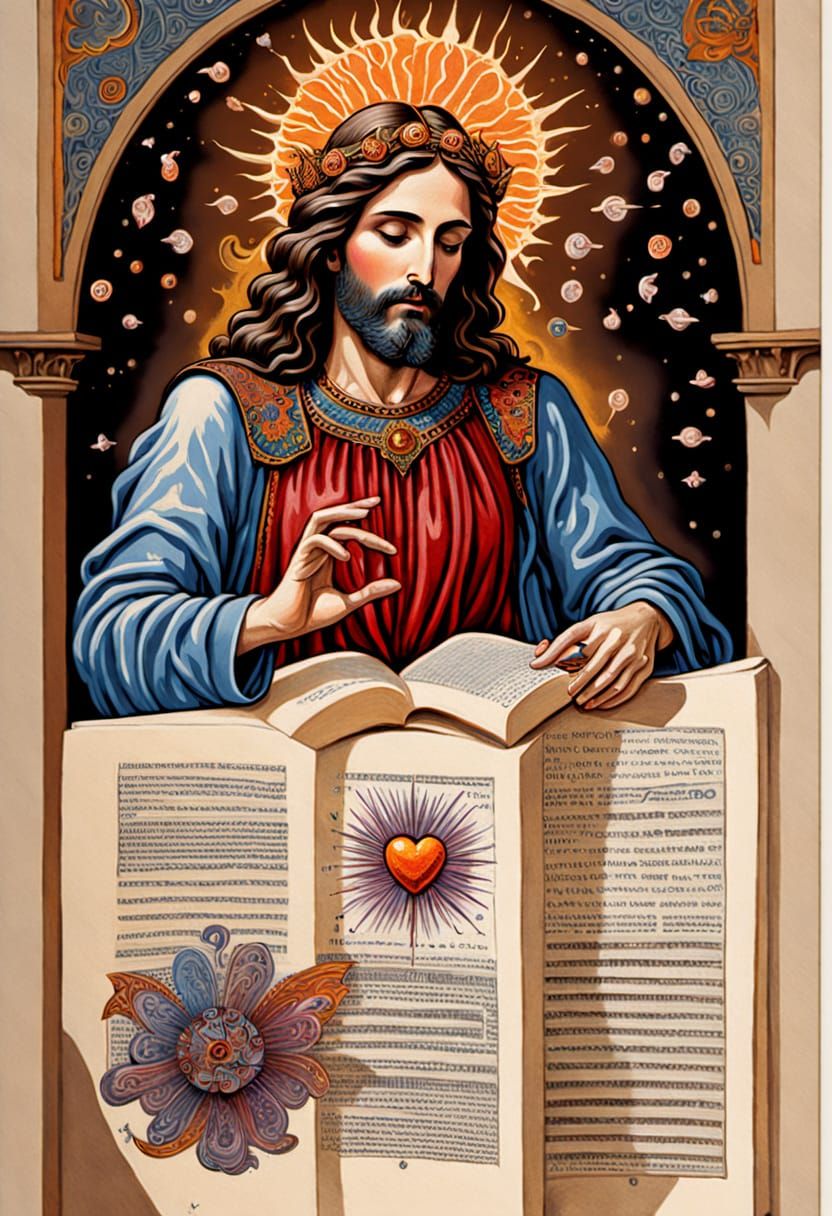 Surreal Folk Art Jesus Surrounded by Cosmic Chaos and Techno...