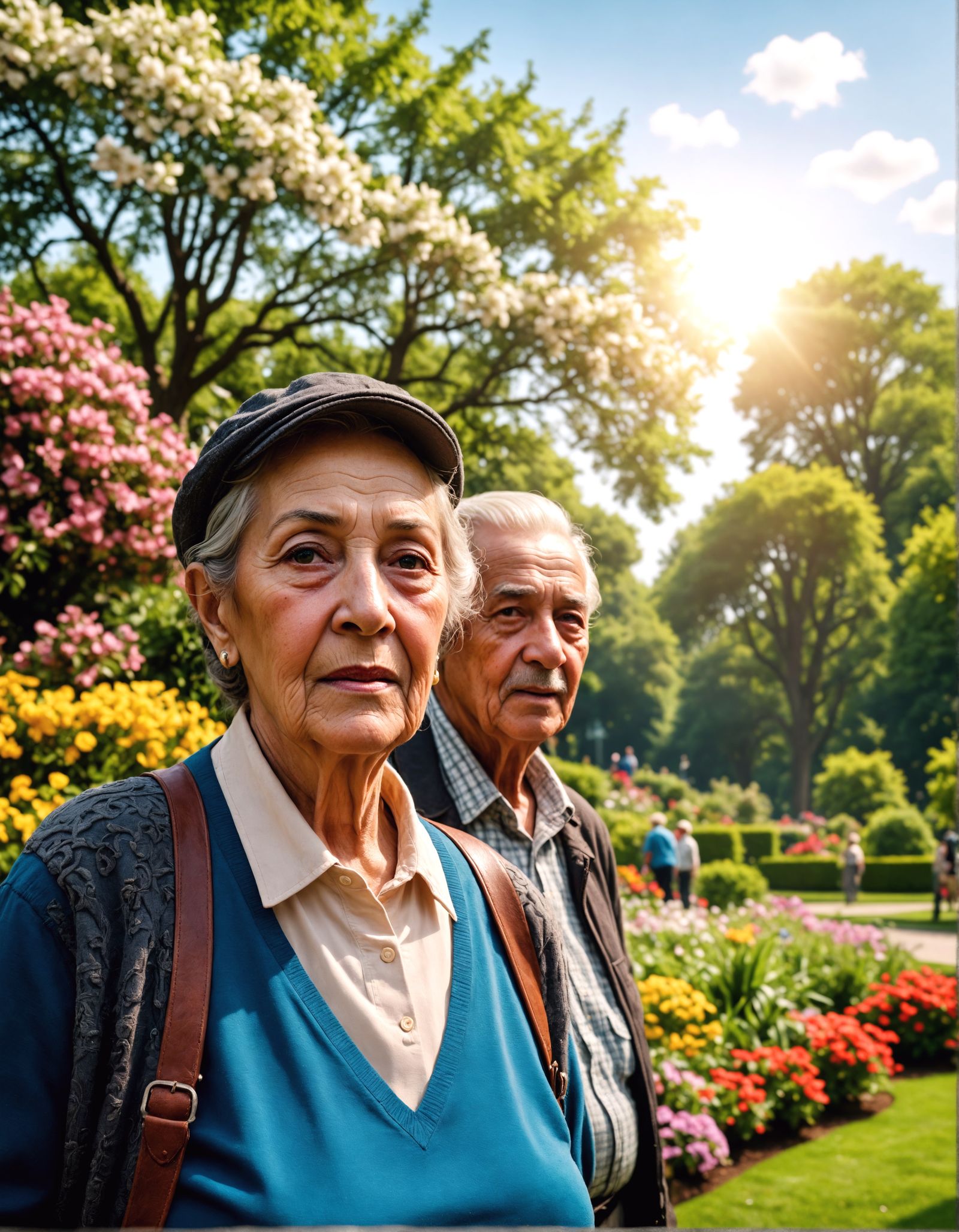 Elderly People Strolling Through a Beautiful Garden in High...