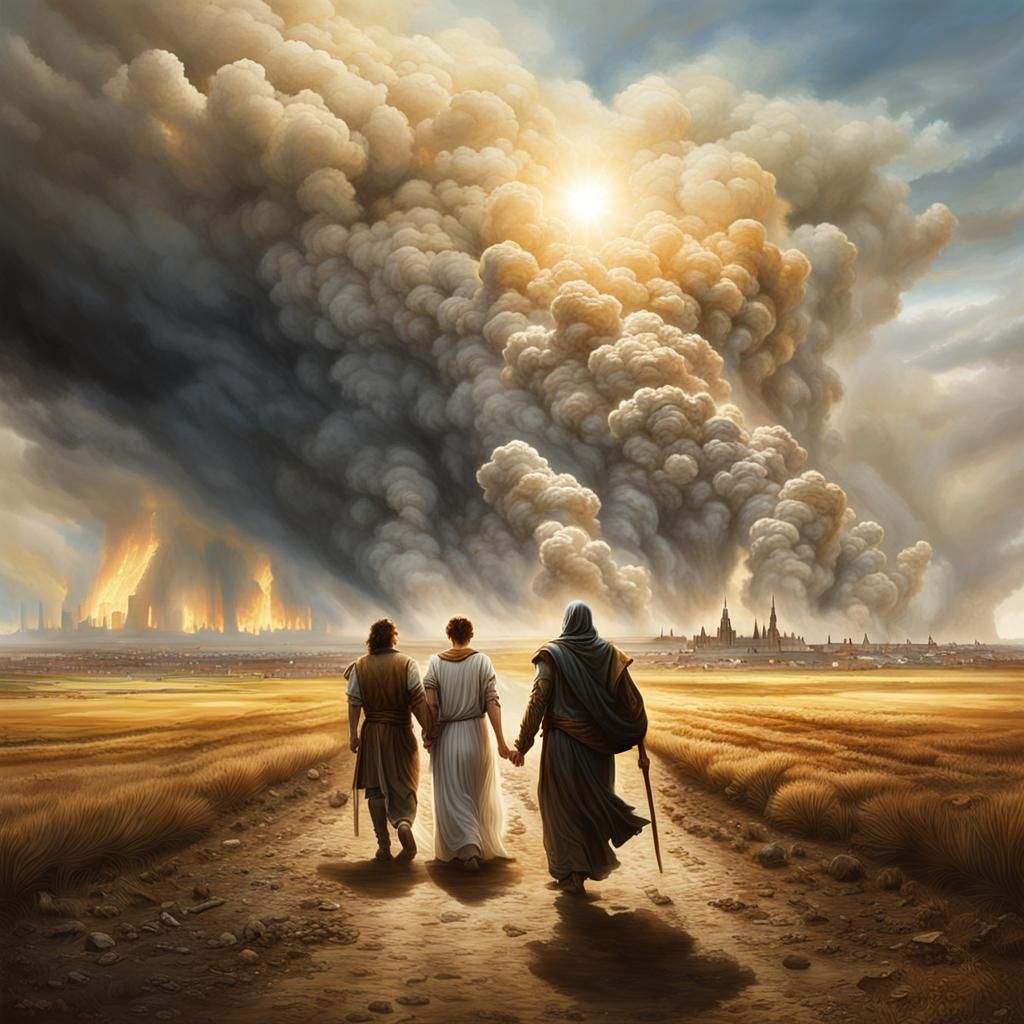 Lot's Escape: Hyperrealistic Vision of Sodom's Destruction