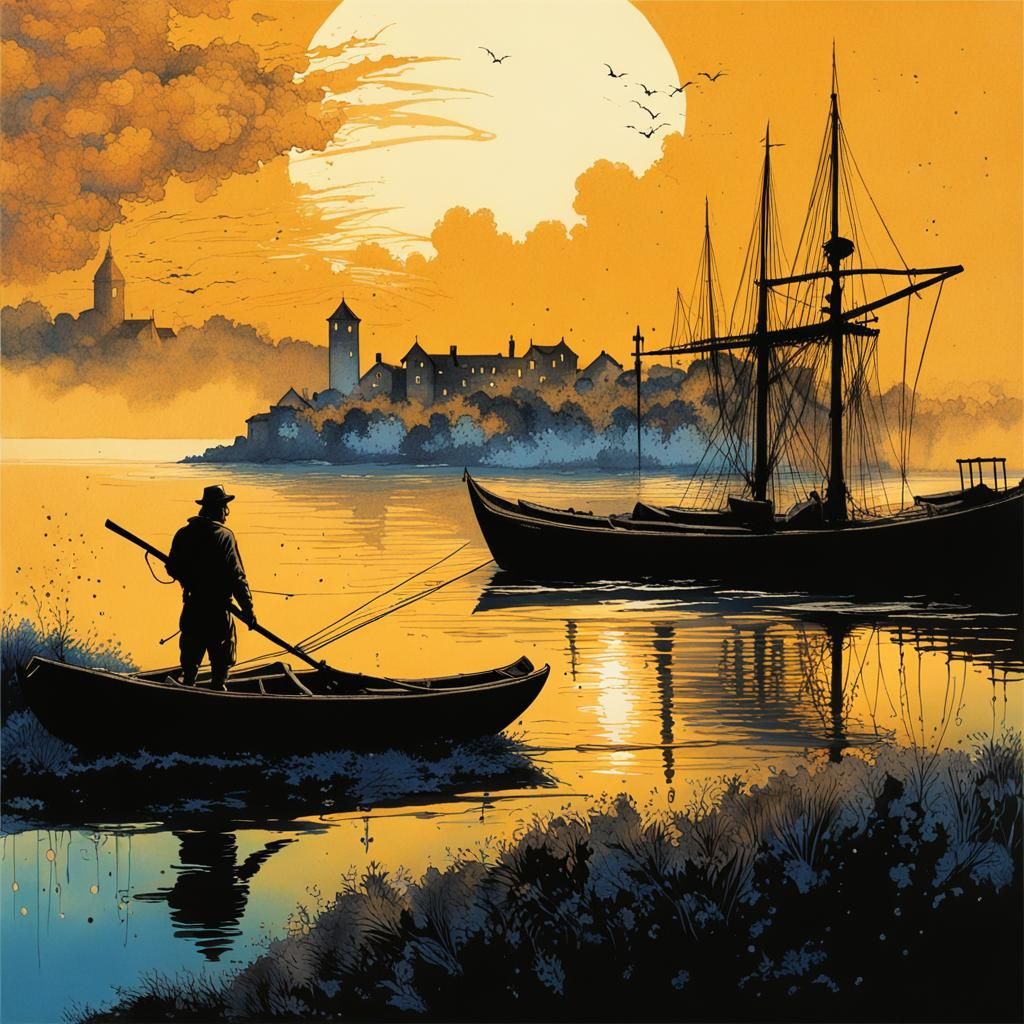 Fisherman at Dawn: Blue Ink Drawing of Medieval Port