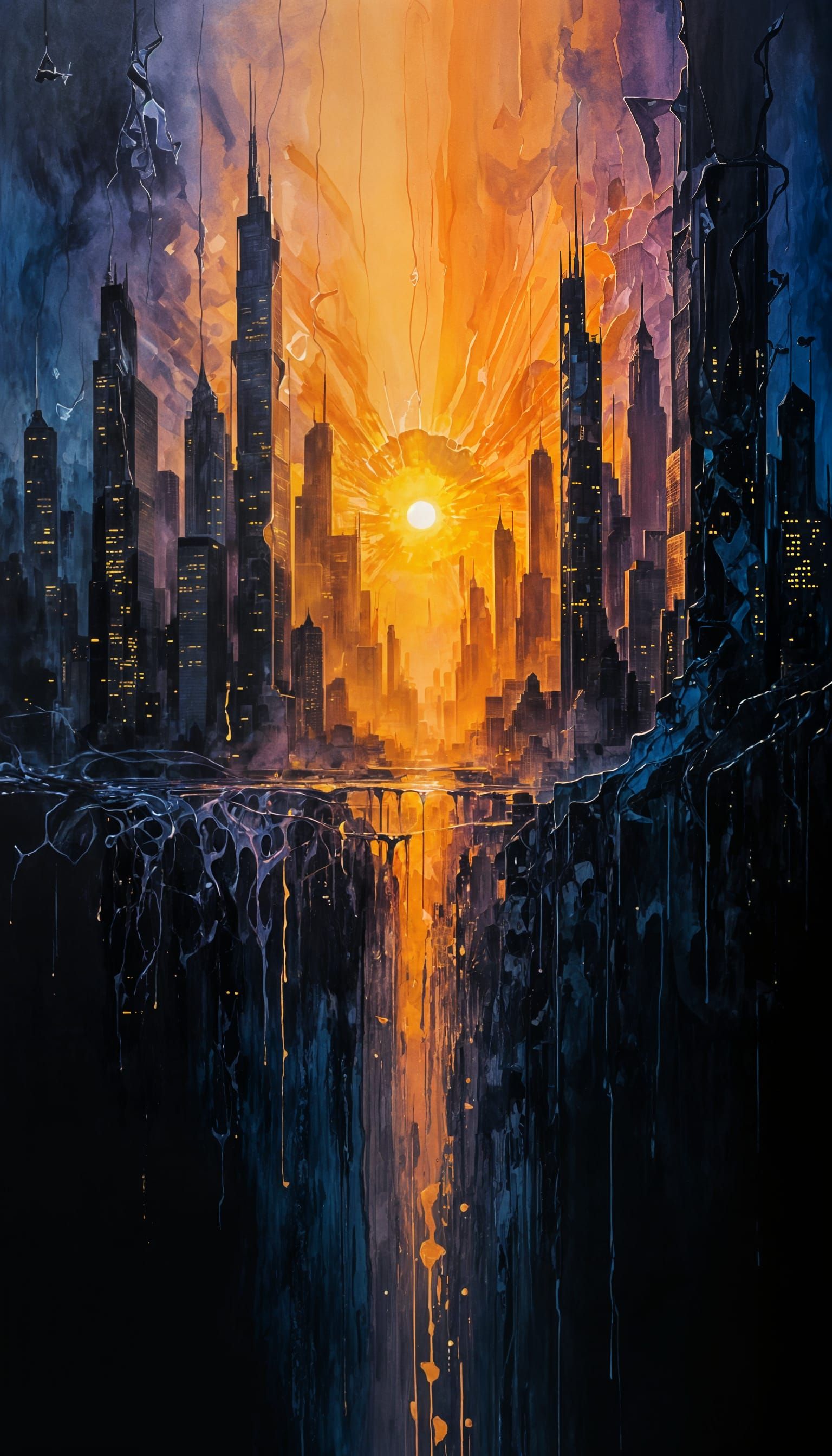 Abstract Sunrise over City in Expressionist Style