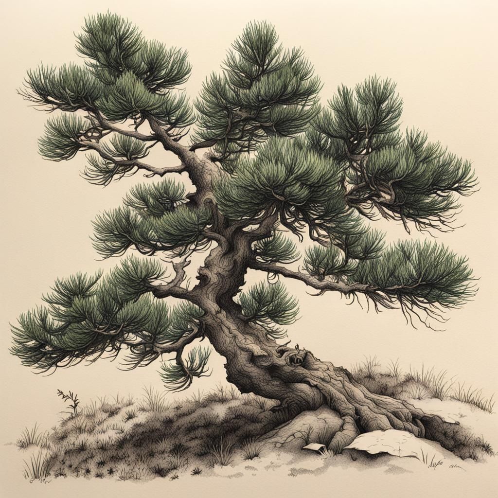Botanical Ink Drawing of a Pine Tree