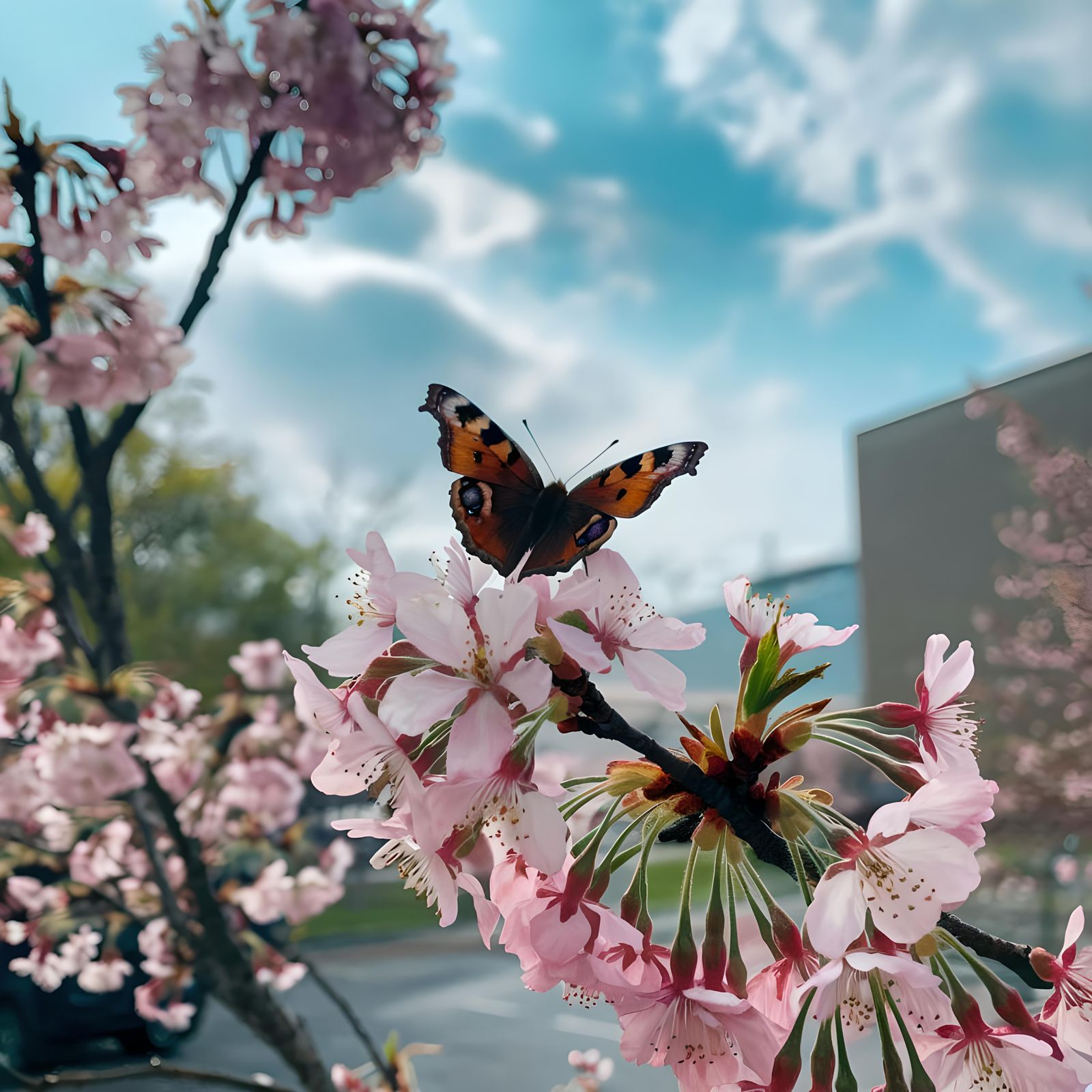 Butterfly on Blooming Cherry Branch in Spring