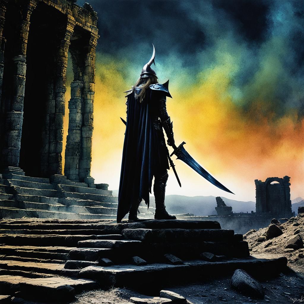 Dark Elf Warrior in Shadowy Ruins, Watercolor Style