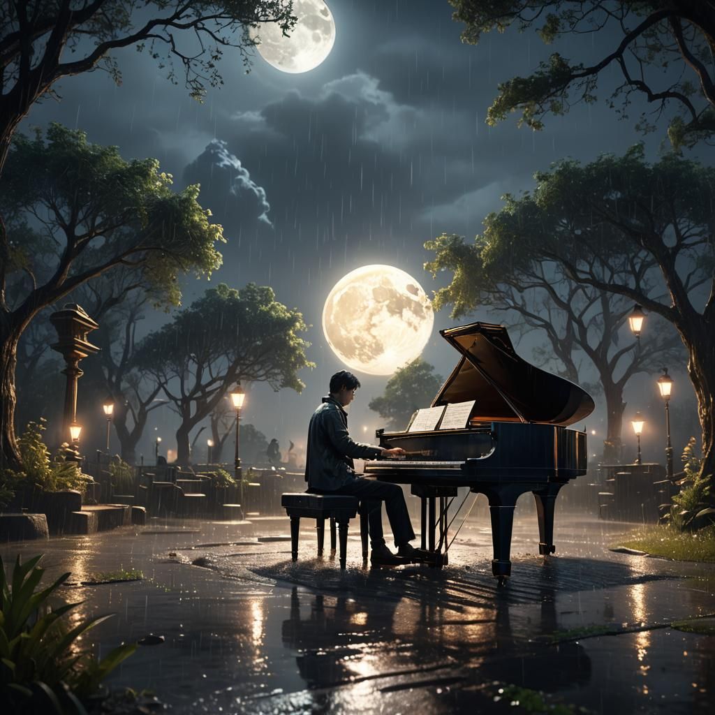 Moonlit Piano Performance in the Rain