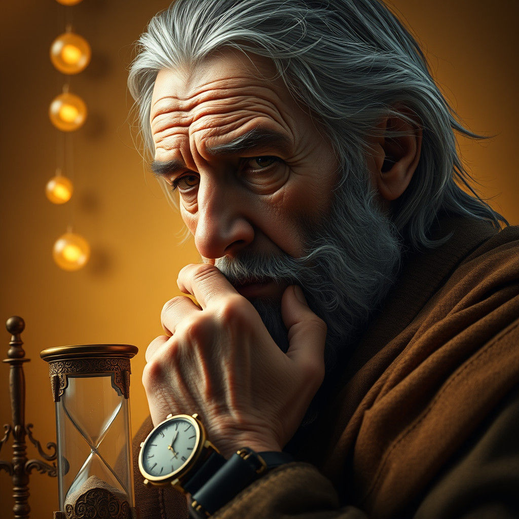 Father Time Portrait with Hourglass in Golden Light