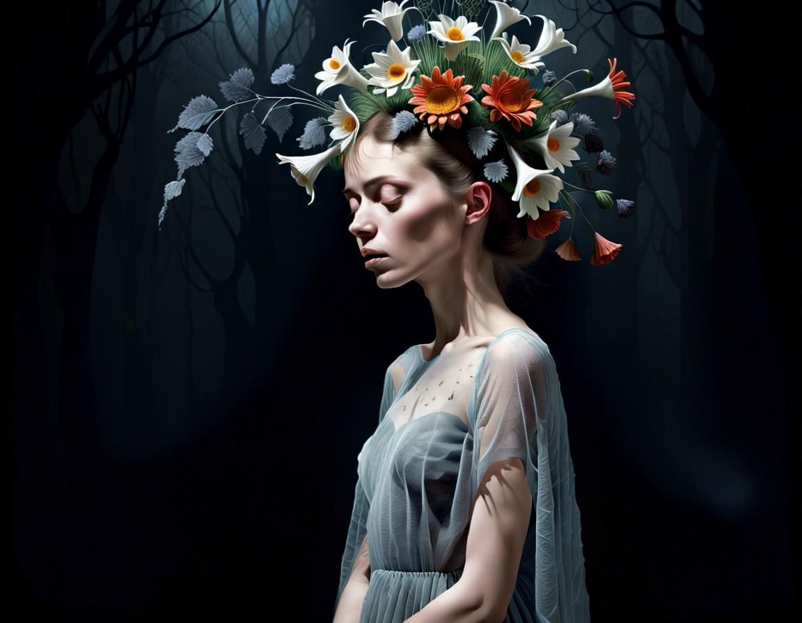 Surreal Dark Portrait of Dreams and Flowers